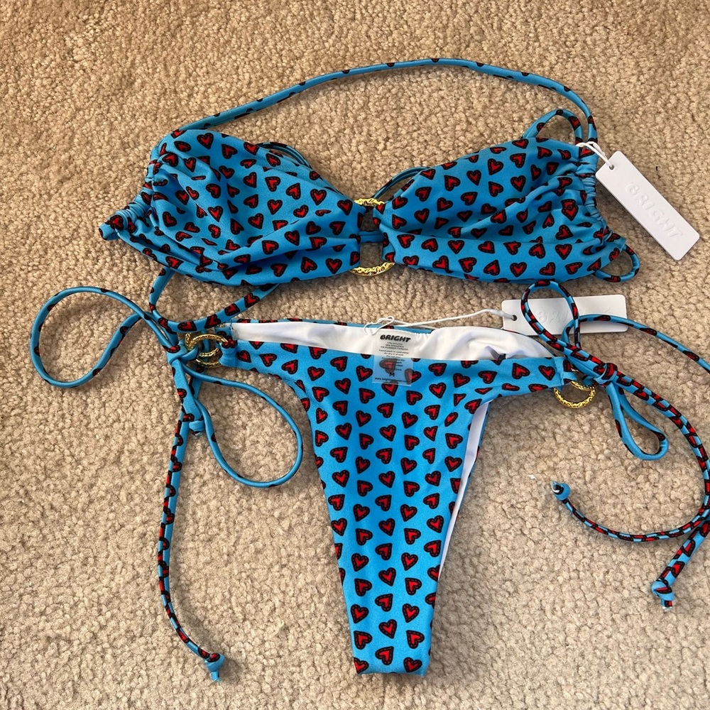 NWT Bright Zoe Blue Bikini with Hearts M